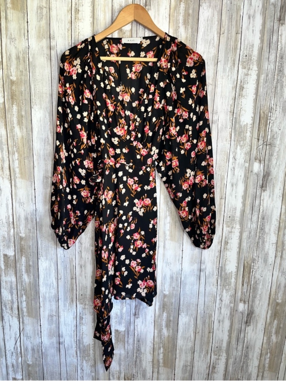 A.L.C Carlo Silk Wrap Dress Black Pink Floral Long Sleeve V-Neck Tie Waist Mini - Picture 2 of 8